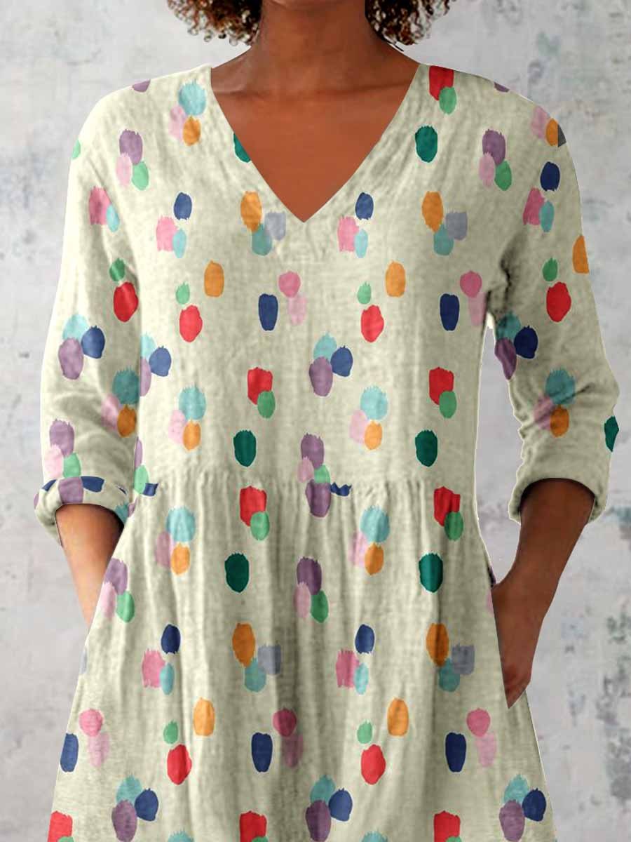 Women's Elegant Polka Dot Round Neck Cotton and Linen Top