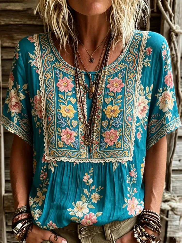 Women's Retro Floral Embroidered Art Round Neck Short Sleeve Linen Blend T-shirt