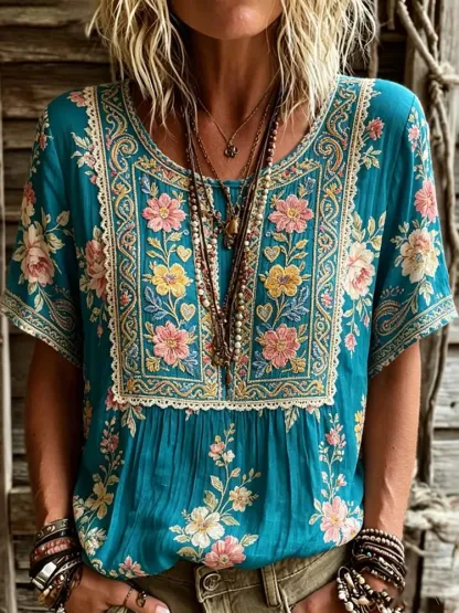 Women's Retro Floral Embroidered Art Round Neck Short Sleeve Linen Blend T-shirt