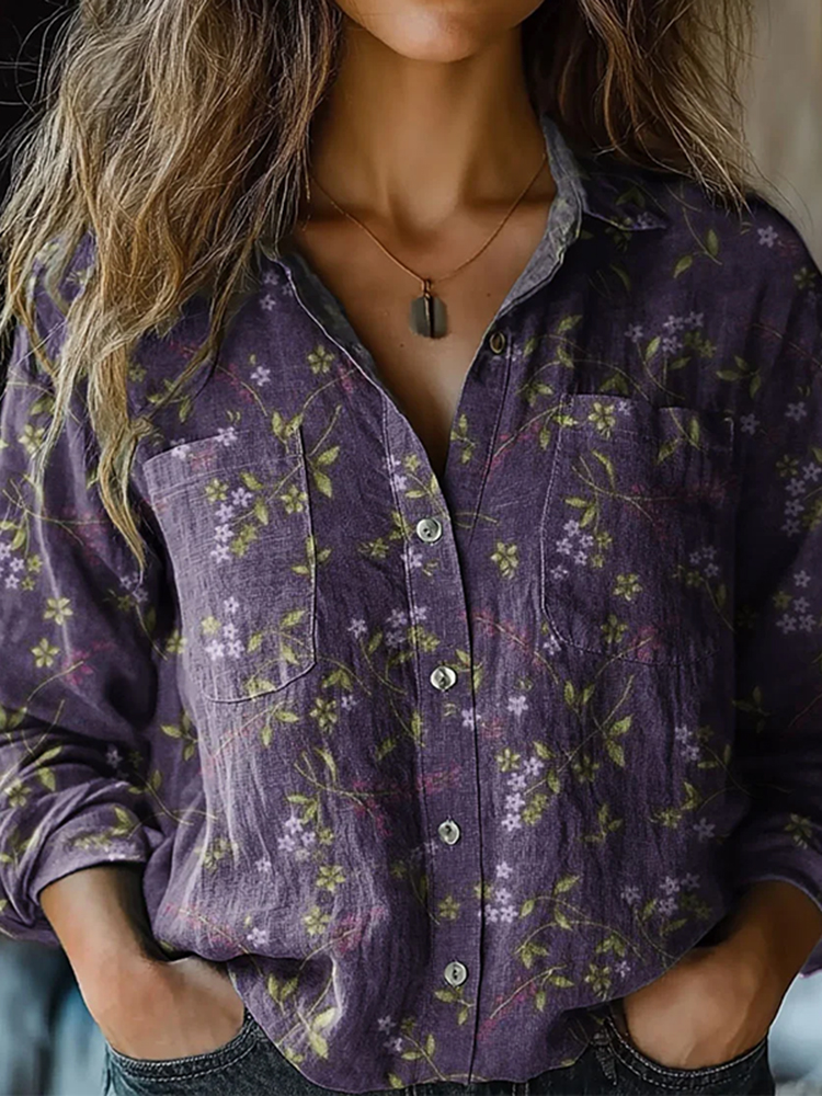 Bohemian Style Floral Linen Print  Long Sleeve Shirt