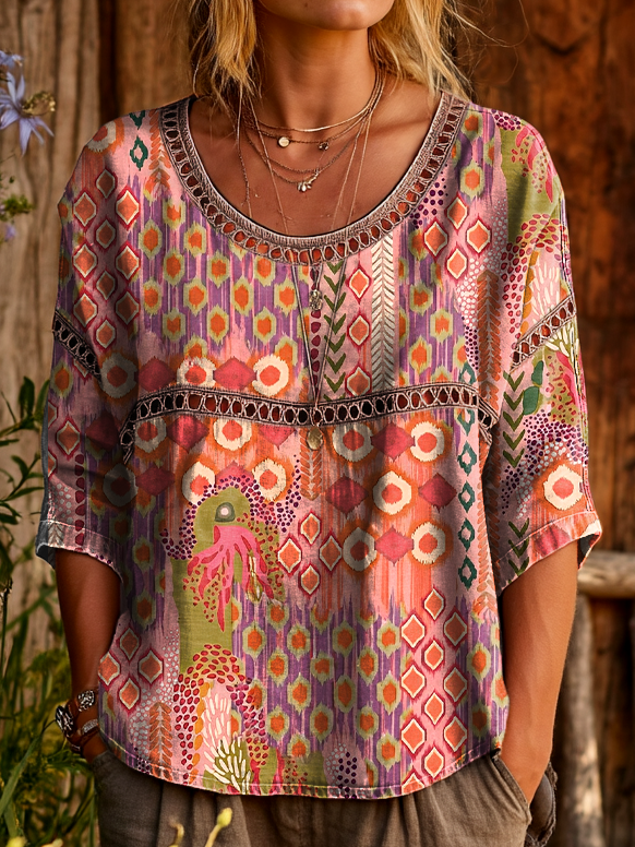 Women's Vintage Ethnic Boho Floral Art Printed Casual Round Neck Cutout Top