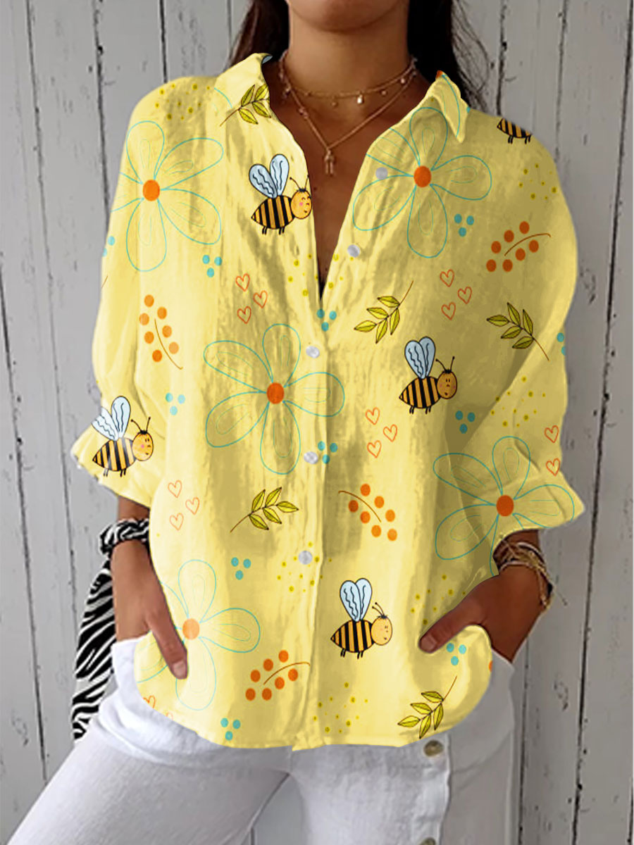 Women's Vintage Floral Bee Art Print Casual Linen V-neck Shirt
