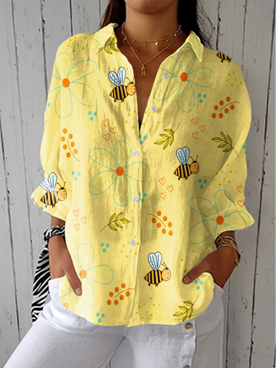 Women's Vintage Floral Bee Art Print Casual Linen V-neck Shirt