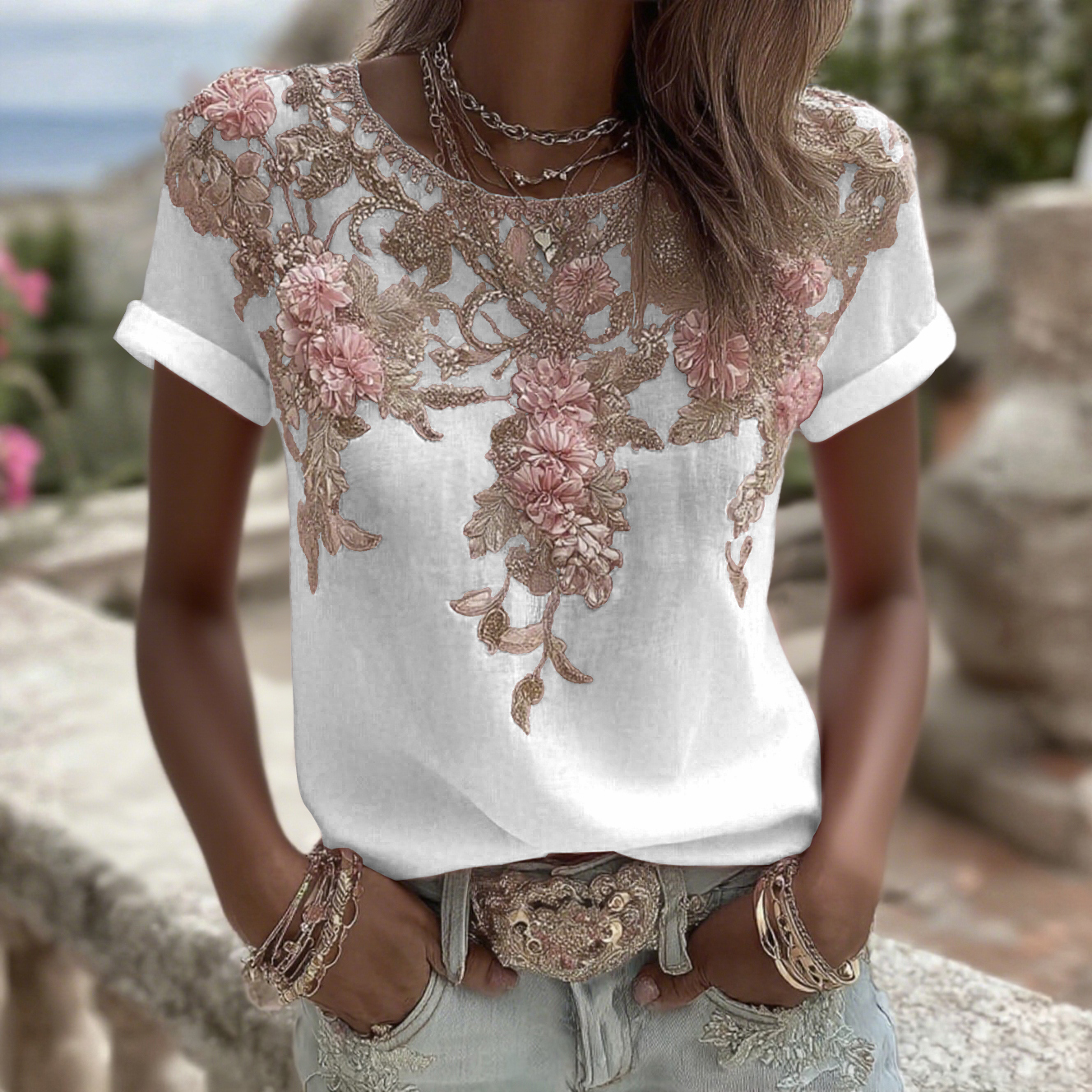 Women's Vintage Pink Rose Embroidery Art Round Neck Short Sleeve Linen Blend T-shirt