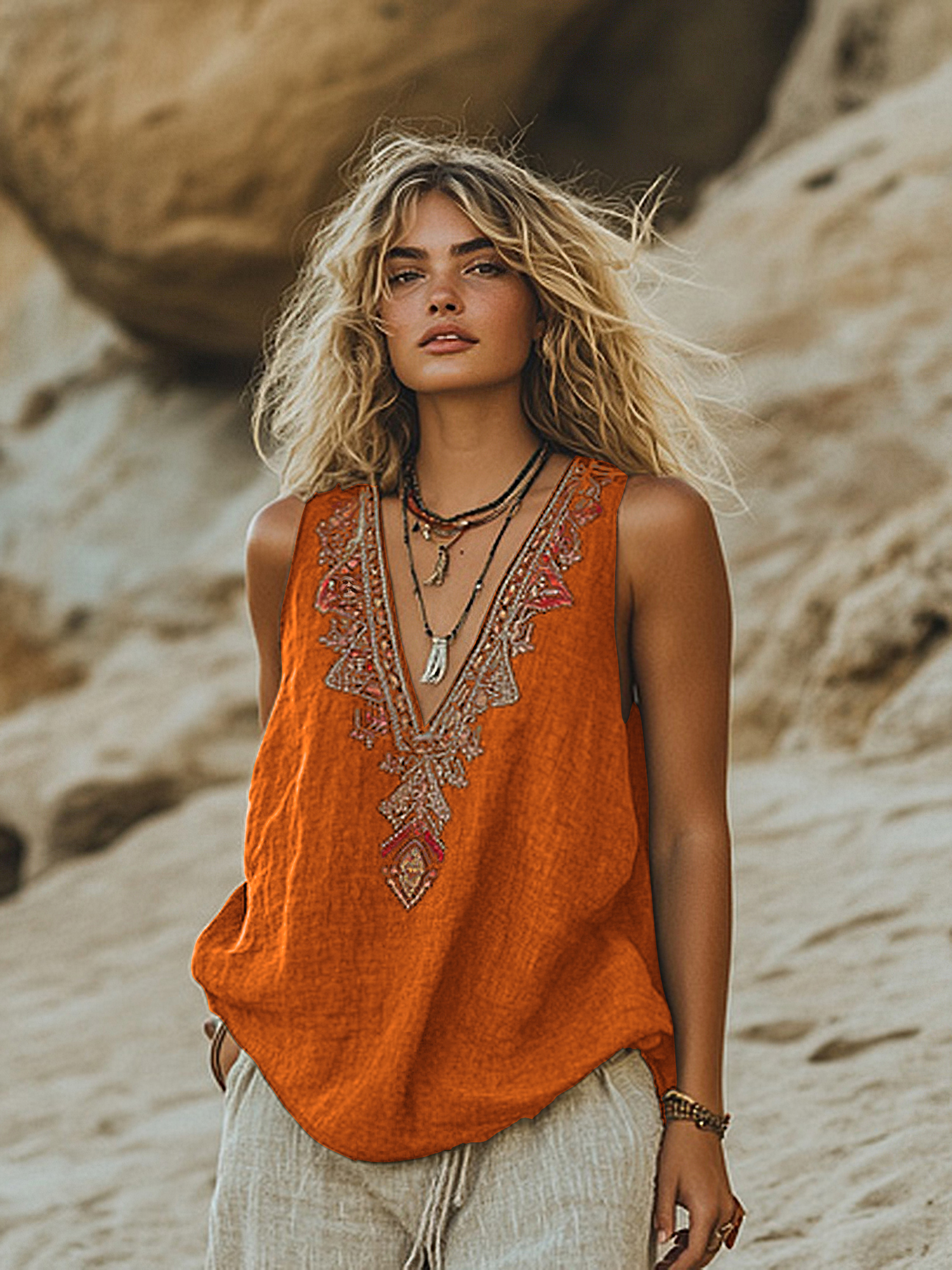 Women's Retro Bohemia Ethnic Style Linen V-neek Sleeveless Top