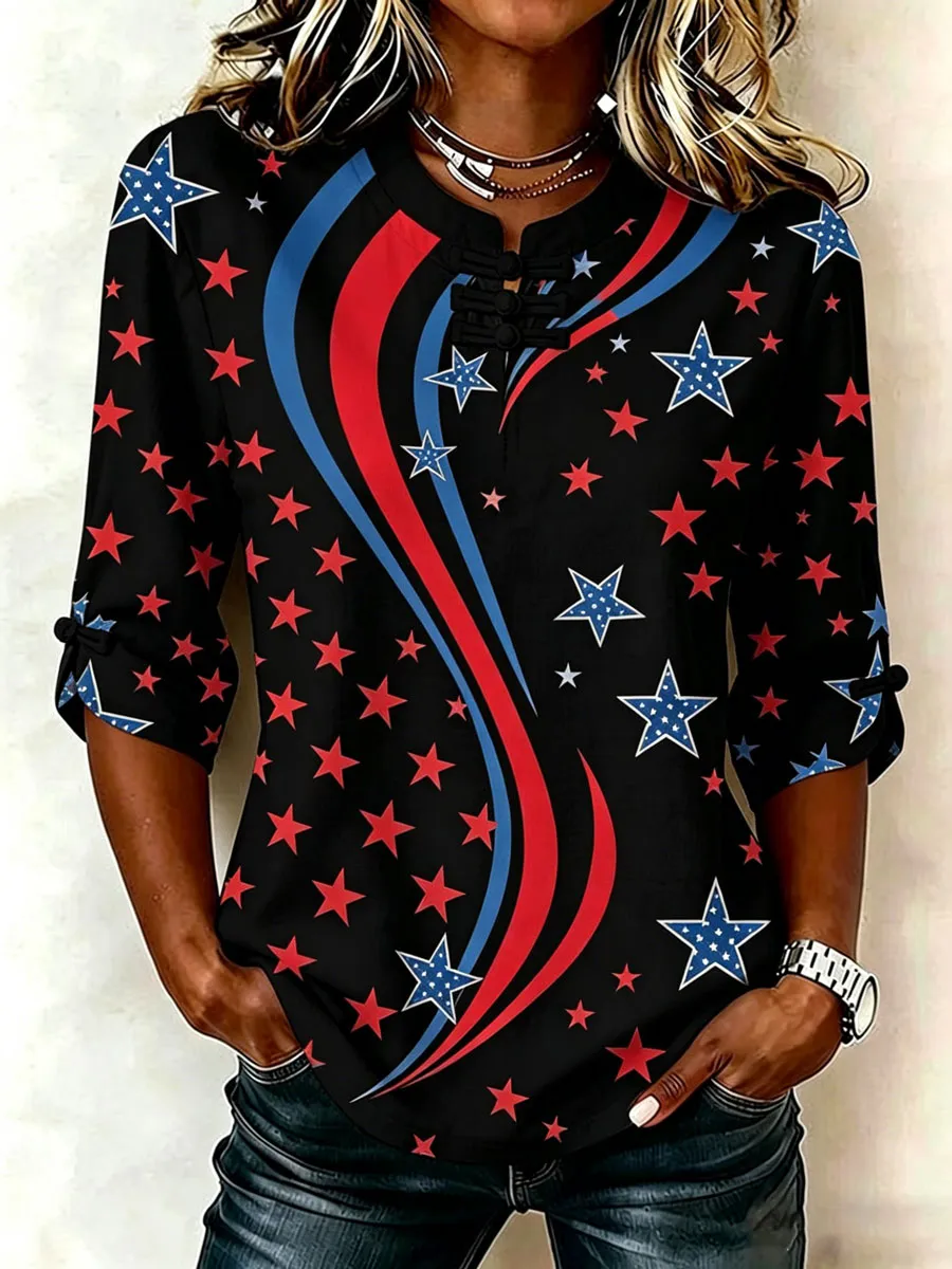 Women's Cotton Linen USA 250th Anniversary Print Shirt