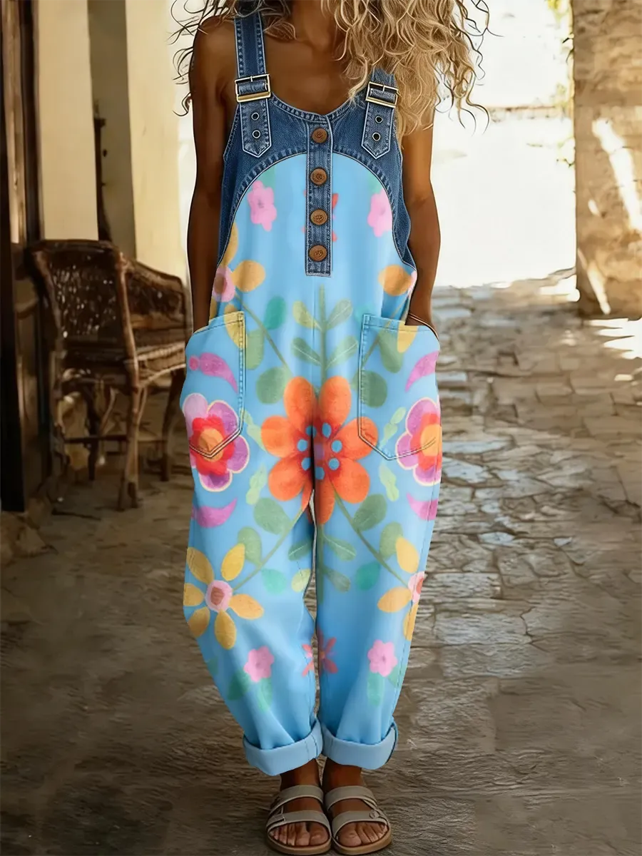Women's Boho Floral Art Print Patchwork Denim Overalls