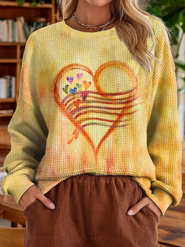 Women's Yellow Love Heart Art Print Casual Round Neck Pullover Waffle 