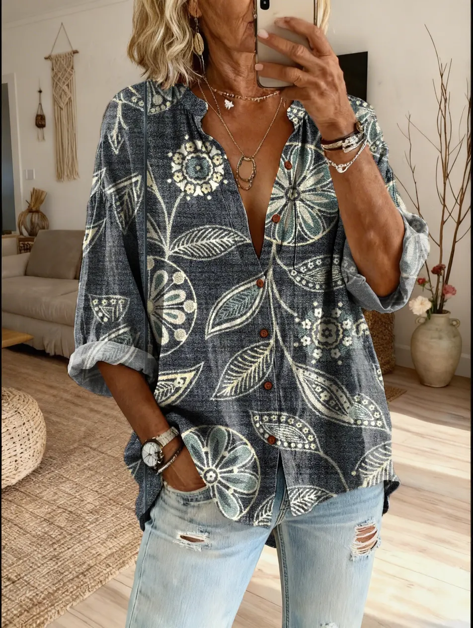 Women's Floral Art Print Casual Cotton-linen Blend Shirt