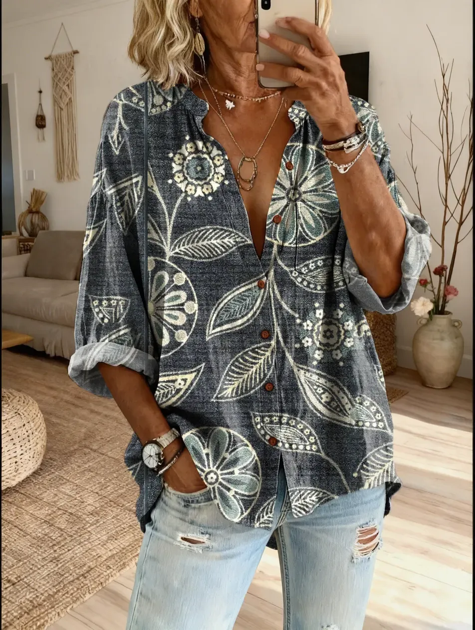 Women's Floral Art Print Casual Cotton-linen Blend Shirt