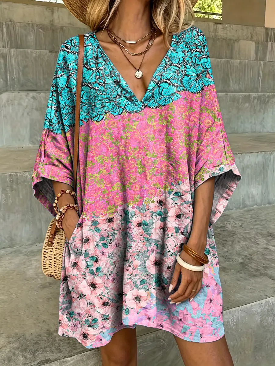 Women's Ombre Floral & Butterfly Print V-Neck Loose Tunic Dress