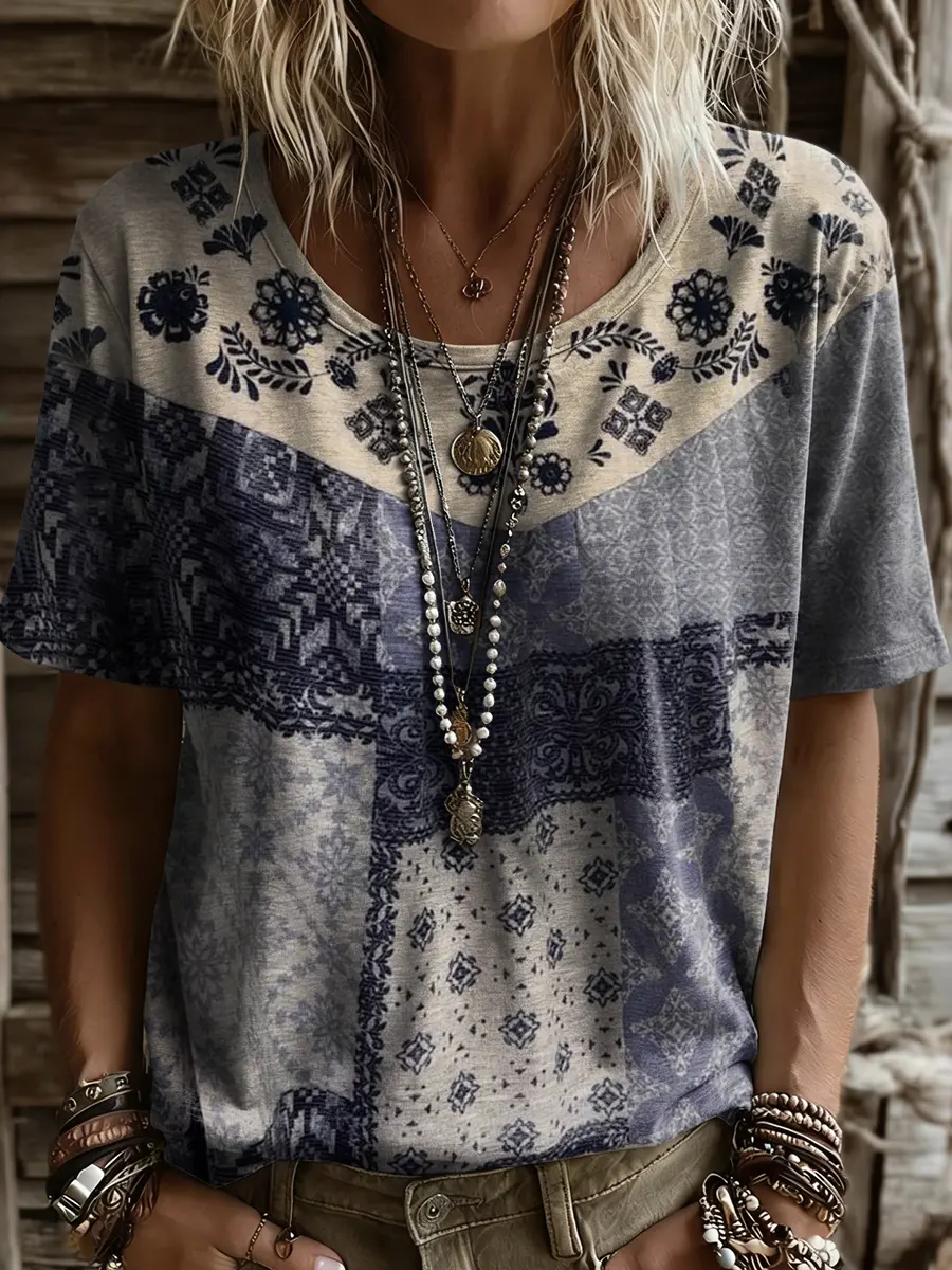 Women's Vintage Floral Art Print Casual Crew Neck Short-Sleeve T-Shirt