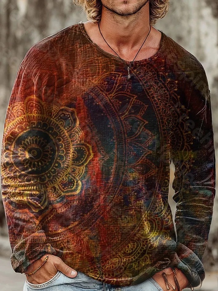 Men's Vintage Ethnic Mandala Art Print Casual Cotton Crew Neck Top
