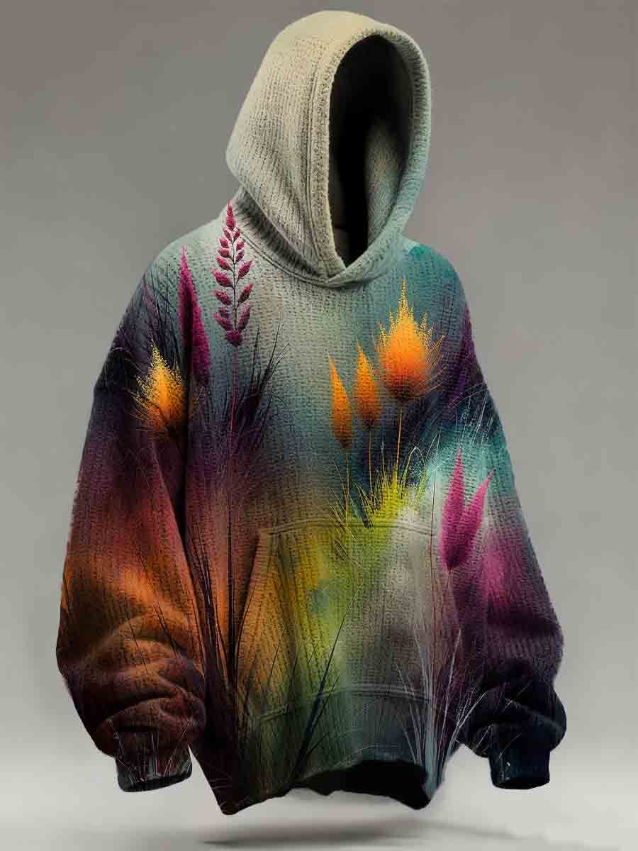 Colorful Gradient Reed Beds Print Knit Pullover Hooded Sweater
