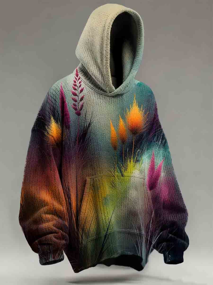 Colorful Gradient Reed Beds Print Knit Pullover Hooded Sweater