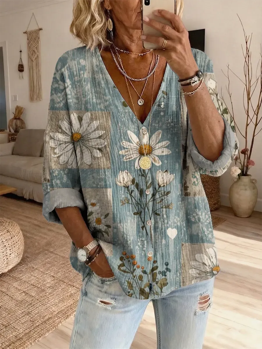 Ethnicity Bohemian Style Flowers Women's Art Print Casual Long-sleeve V-neck Shirt