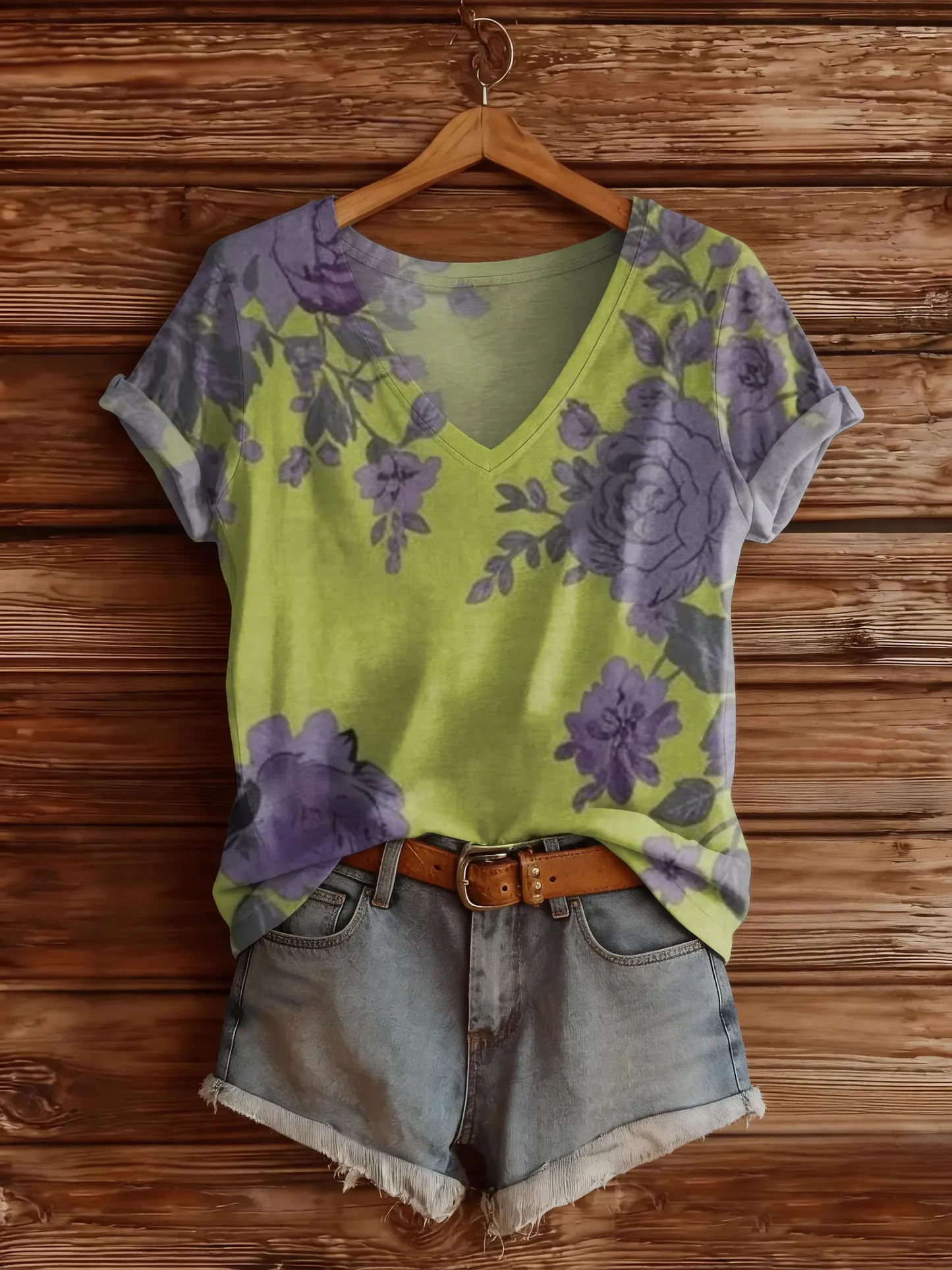 Women's Retro Hippie Flower Art Print V-Neck Short-Sleeve Top
