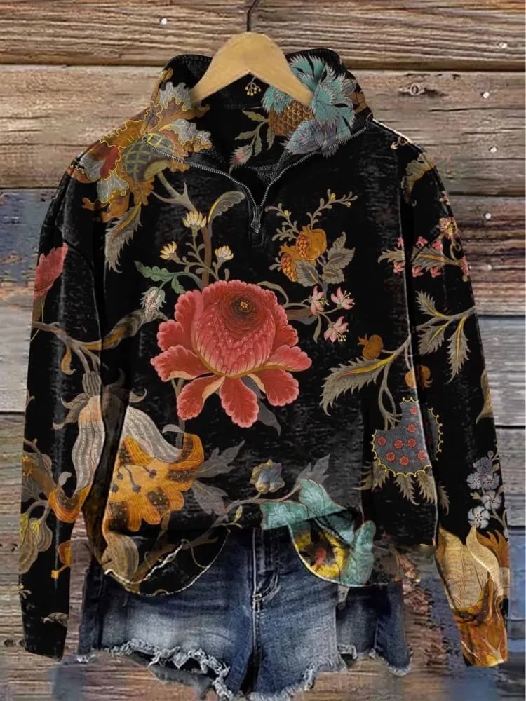 Vintage Gorgeous Floral Print Casual Long Sleeve Zip Sweatshirt
