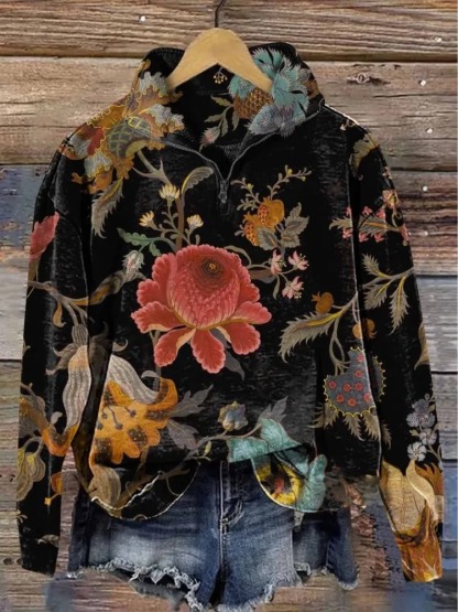 Vintage Gorgeous Floral Print Casual Long Sleeve Zip Sweatshirt