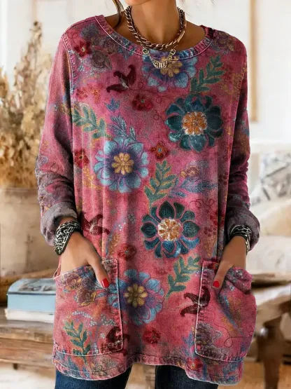 Women's Bohemian Retro Floral Art Print Casual Washed Denim Cotton Top