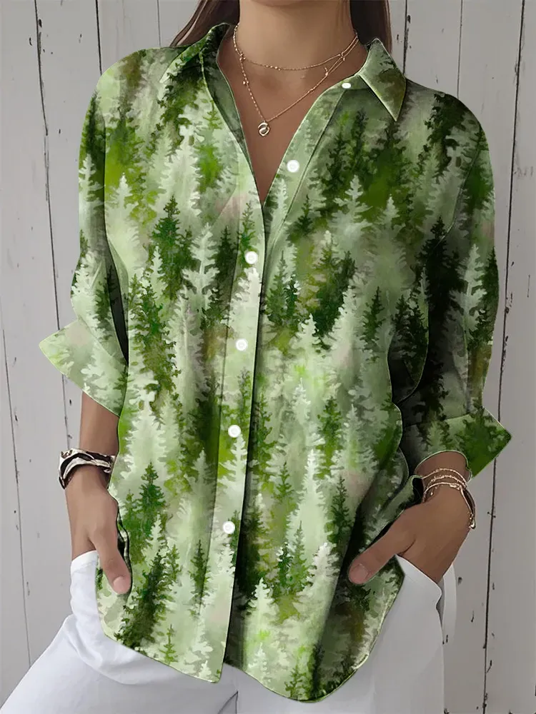 Women'S Pine Forest Printing Lapel Shirt