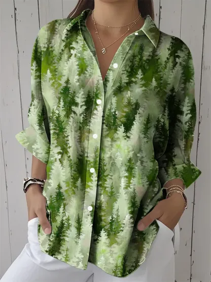 Women'S Pine Forest Printing Lapel Shirt