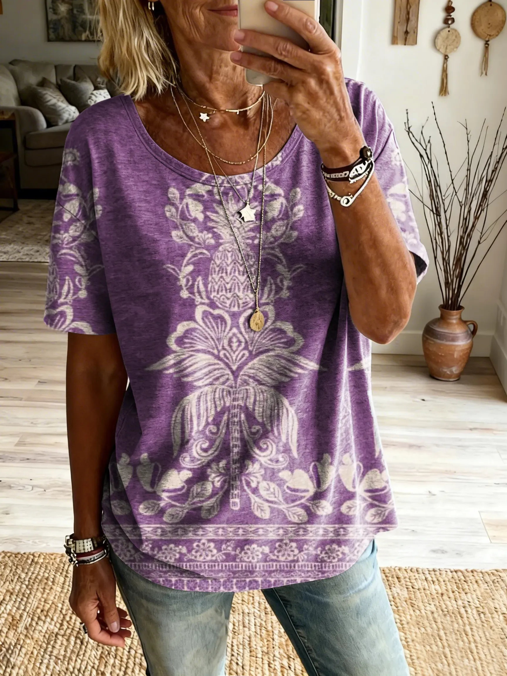 Women's Retro Ethnic Floral Art Print Pure Cotton Crew Neck Short-Sleeve Casual T-Shirt