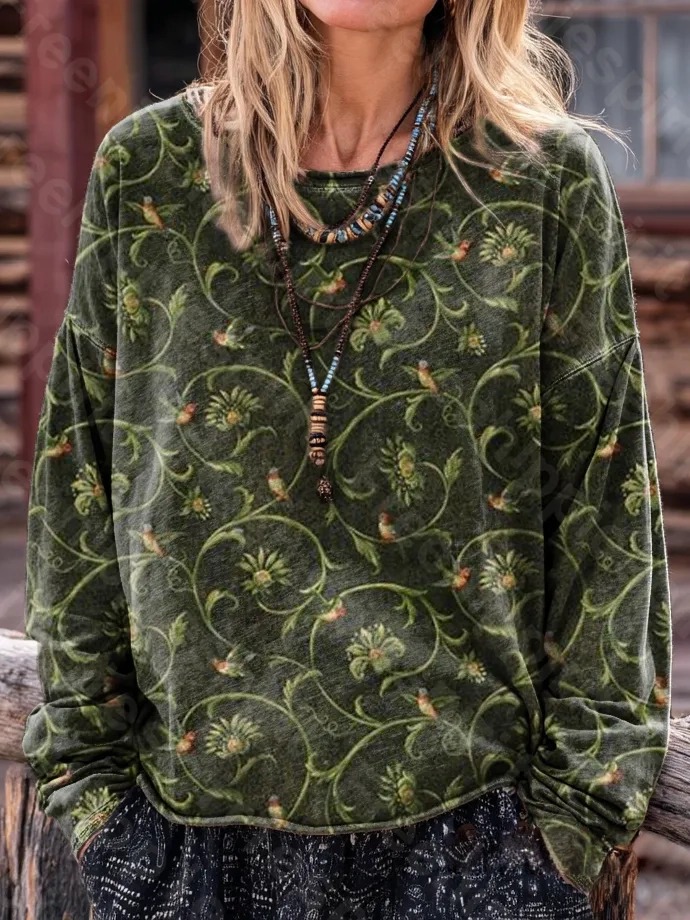 Women's Vintage Ethnic Floral Art Pattern Print Casual Long Sleeve T-shirt