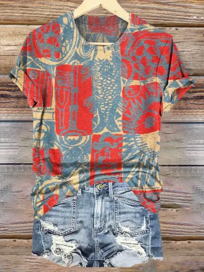 Women's Bohemian Ethnic Collage Art Pattern Print Casual Cotton Linen Shirt