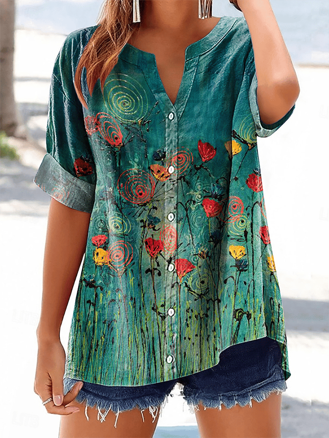 Women's Vintage Oil Painting Floral Button Design V-Neck Three-Quarter