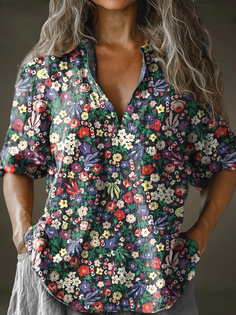 Women's Flower Art Pattern Print Long Sleeve Comfortable Cotton And Linen Shirt