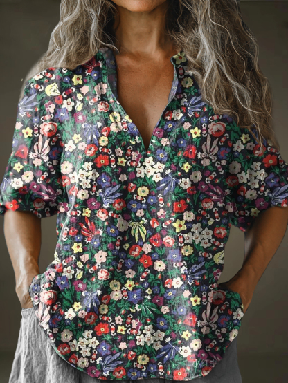 Women's Flower Art Pattern Print Long Sleeve Comfortable Cotton And Linen Shirt