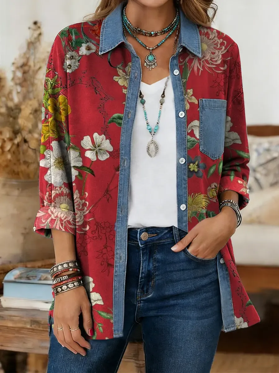 Ethnicity Red Flowers Women's Print Casual Denim Patchwork Cotton Shir