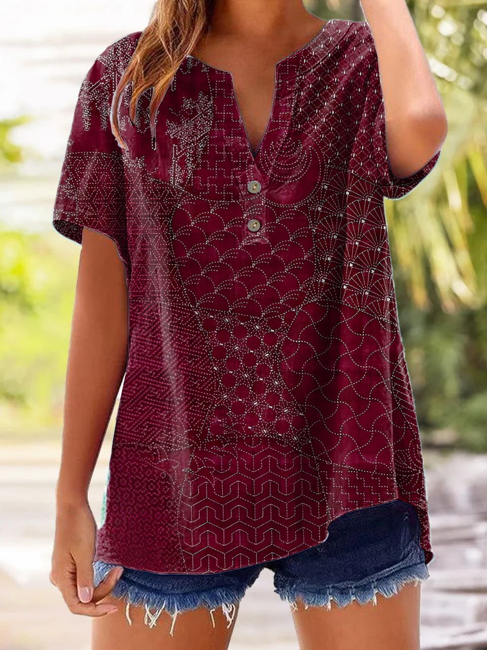 Women's Casual Retro Floral Cotton And Linen Shirt