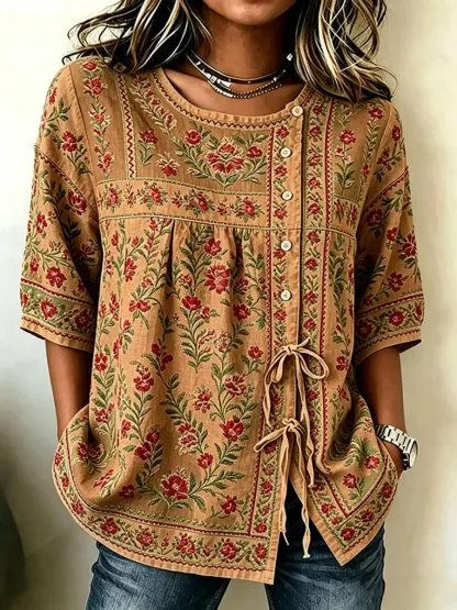 Women'S Cotton And Linen Casual Striped Print Top