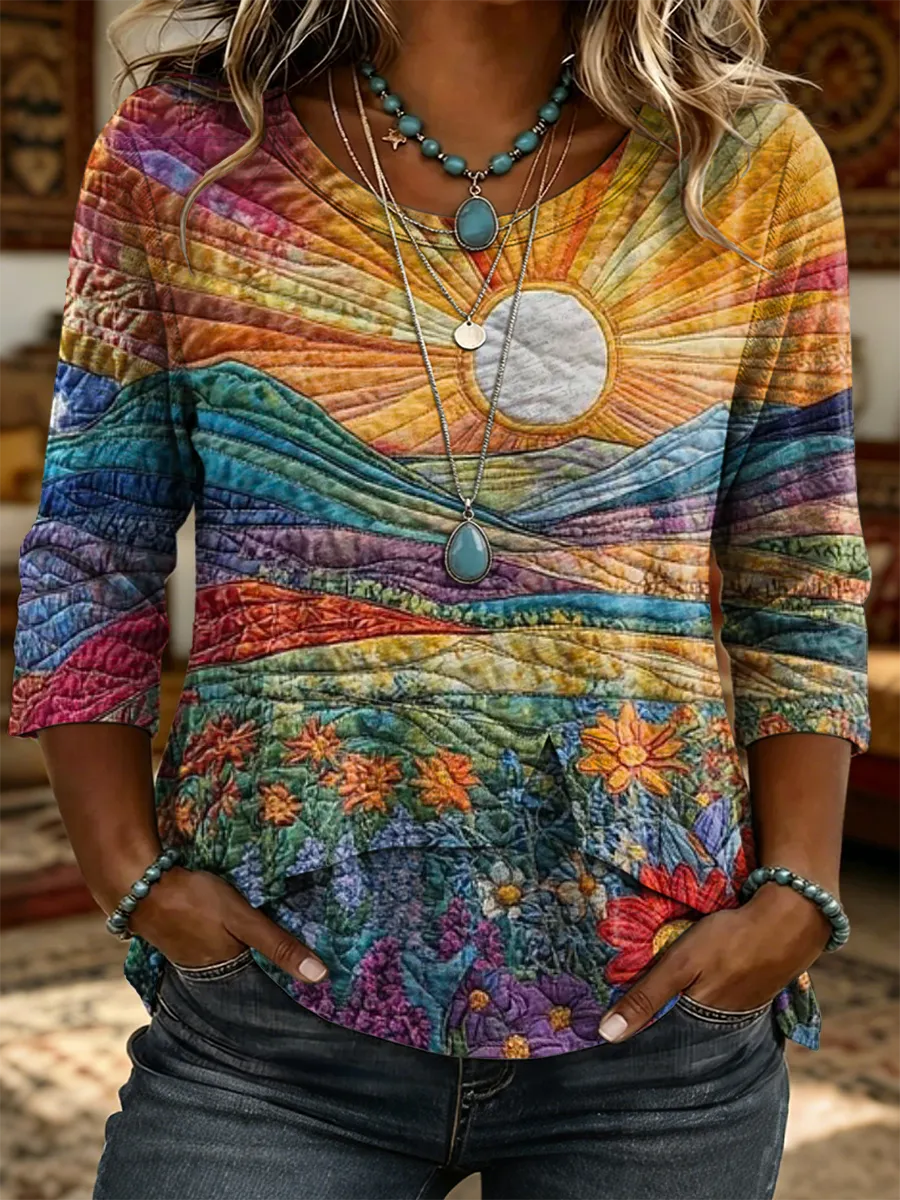 Women's Retro Colorful Sun Art Print Casual Three-quarter Sleeve Round Neck Patchwork Shirt