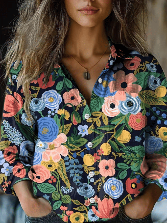 Women's Forest Floral Print Double Pocket Casual Shirt