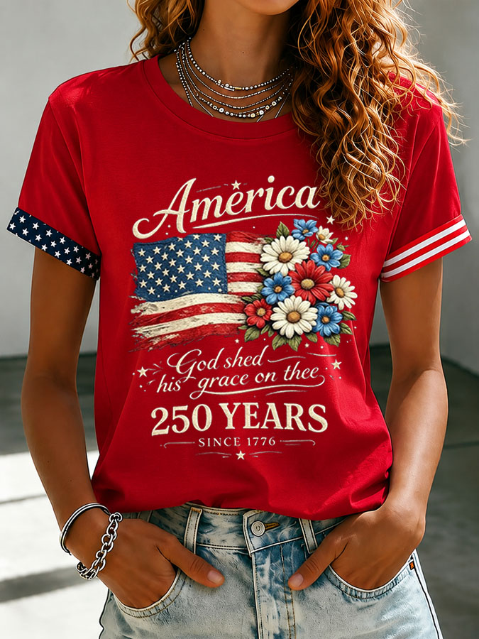 🔥Buy 3 Get 20% Off🔥Women's Floral American Flag Printed Casual T-shirt
