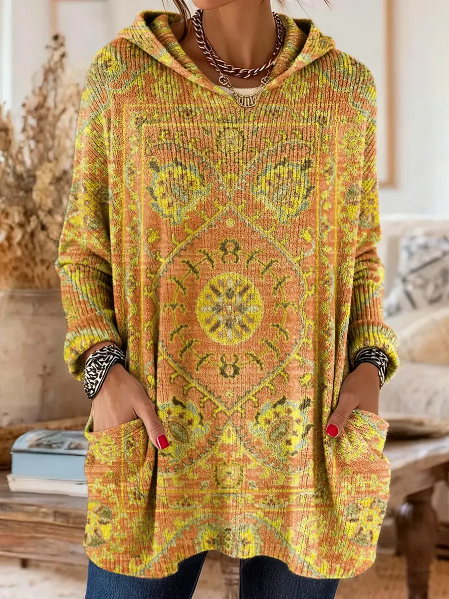 Women's Ethnic Totem Art Print Casual Knitted Pocket Hooded Tunic Top