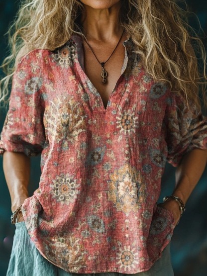 Women's Retro Ethnic Totem Pattern Casual Linen V-neck Shirt