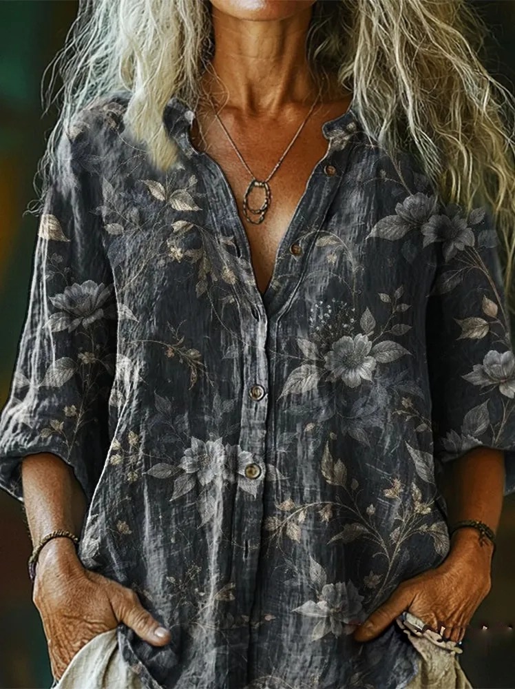 Women's Retro Ethnic Flower Print Casual Cotton Linen Shirt