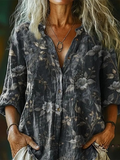 Women's Retro Ethnic Flower Print Casual Cotton Linen Shirt
