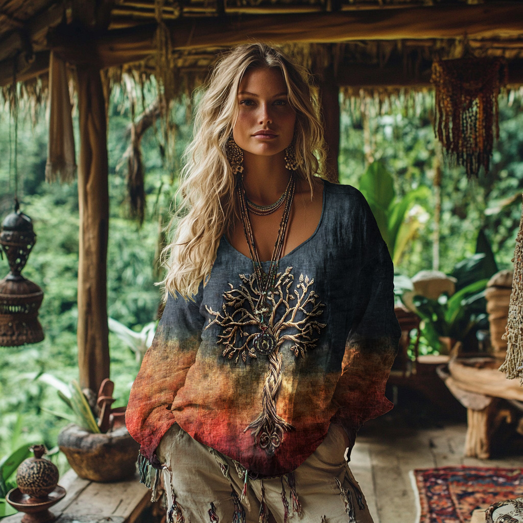 Women's Viking Celtic Knot Style Tree Of Life Rainbow Art Linen Casual T-shirt