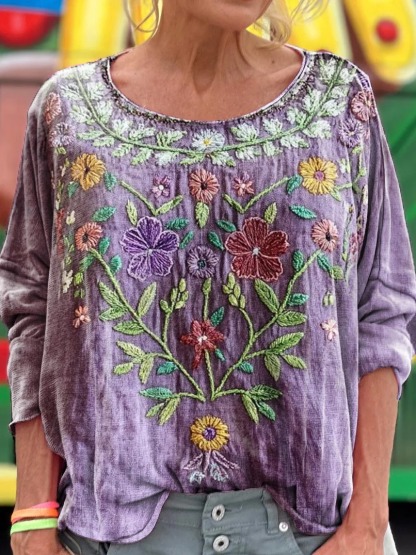 Women's Vintage Ethnic Floral Art Print Casual Cotton Linen Shirt