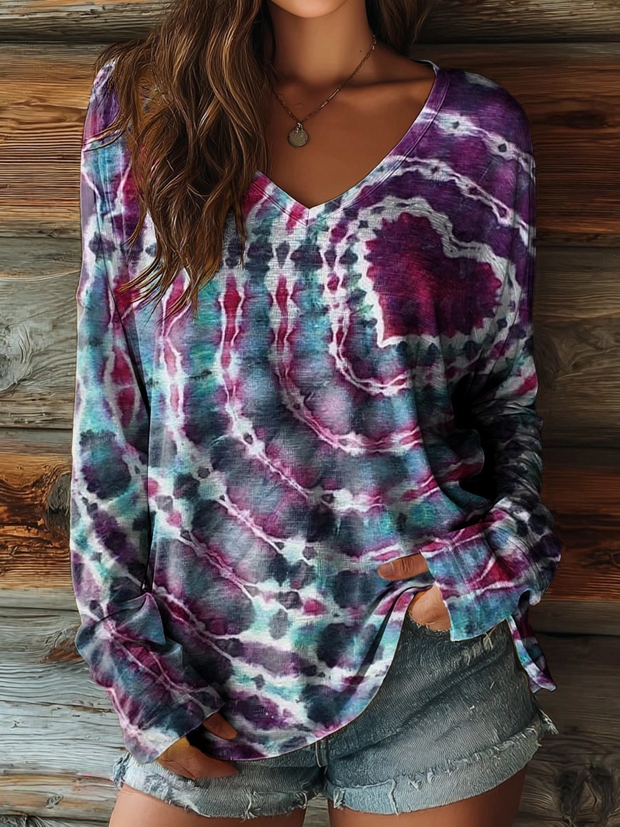 Women's Colorful Love Heart Tie Dye Art Print Casual V-neck Long Sleeve T-shirt