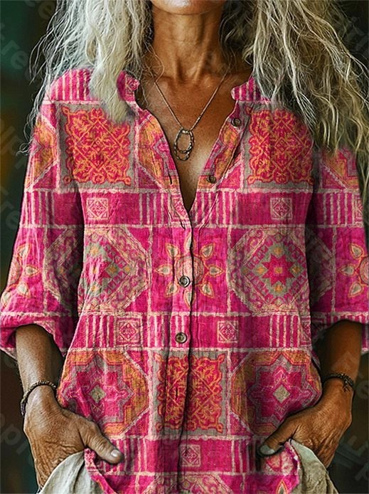 Women's Vintage Ethnic Pink Floral Totem Art Print Casual Cotton-Linen