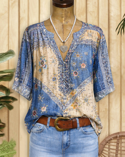 Floral Print Ethnic V Neck Blouse
