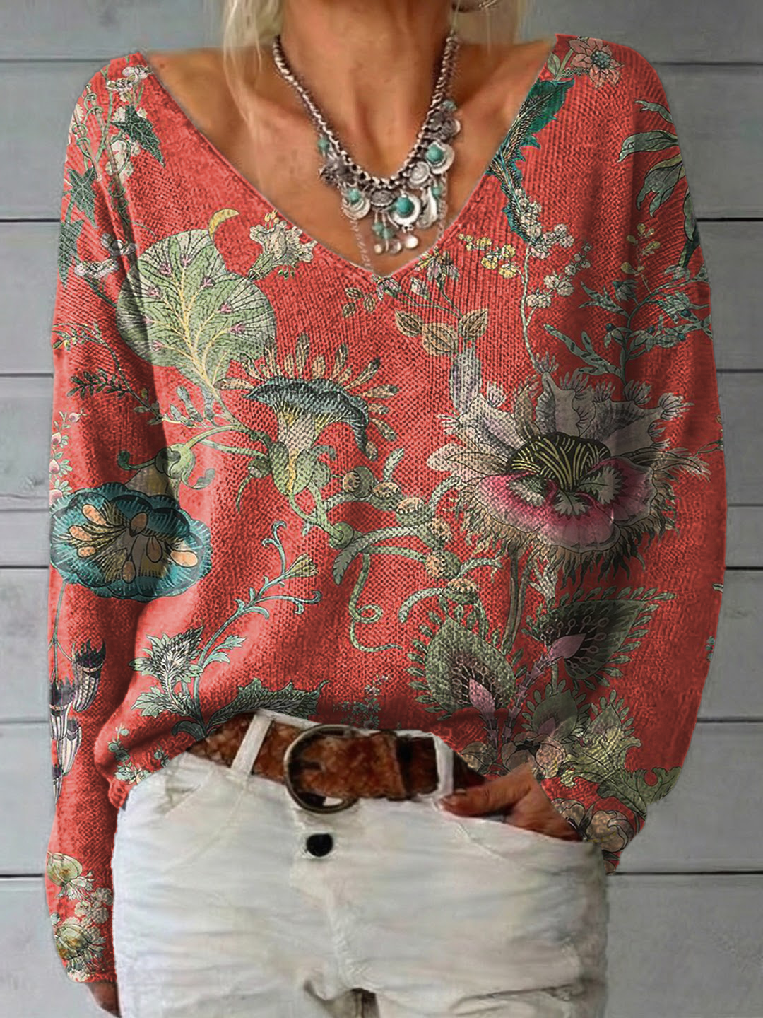 Women's Vintage Ethnic Red Floral Art Prints Casual V-neck Knitwear