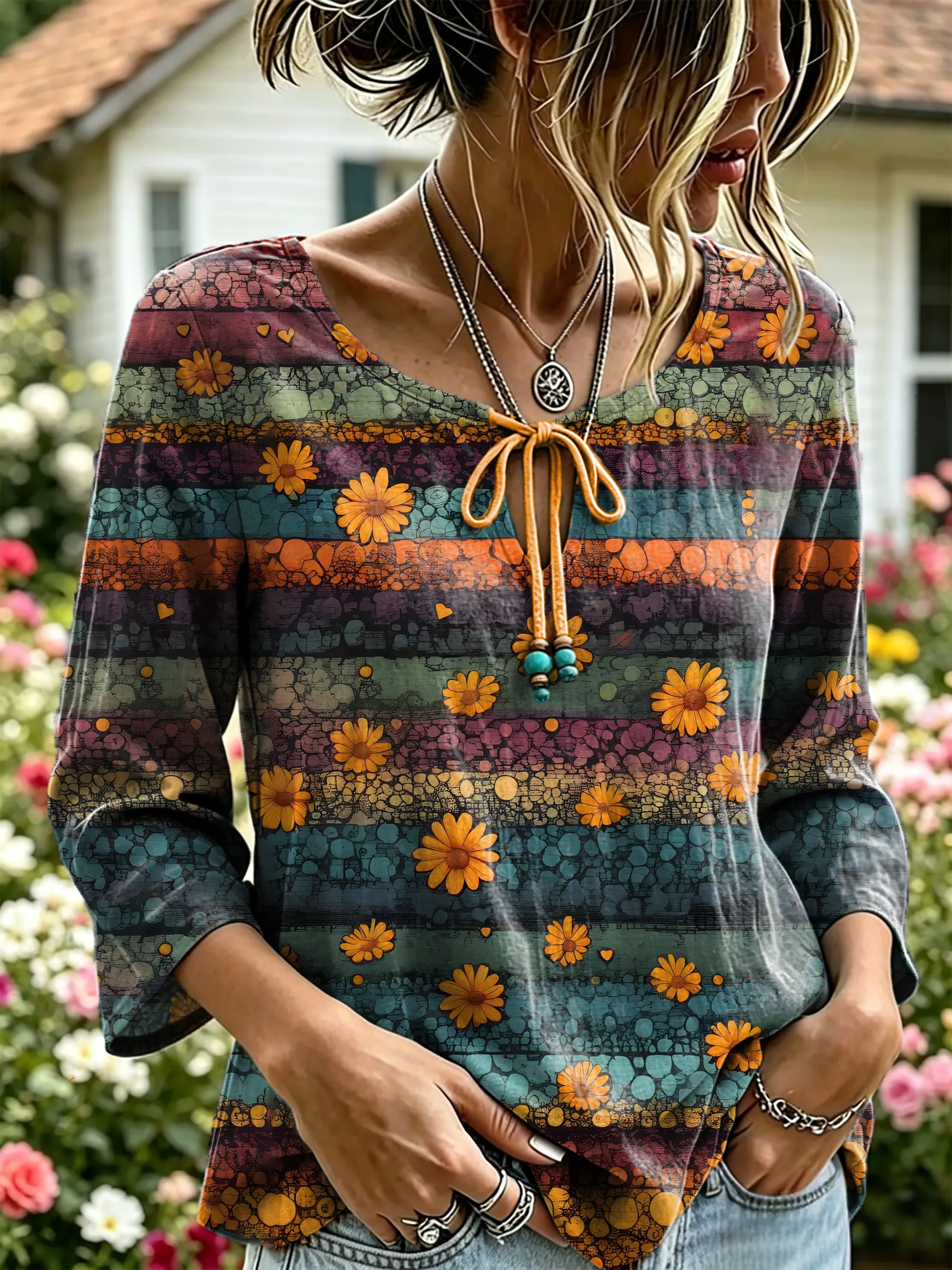 Women's Vintage Crackle Daisy Stripe Print Tie V-Neck Top