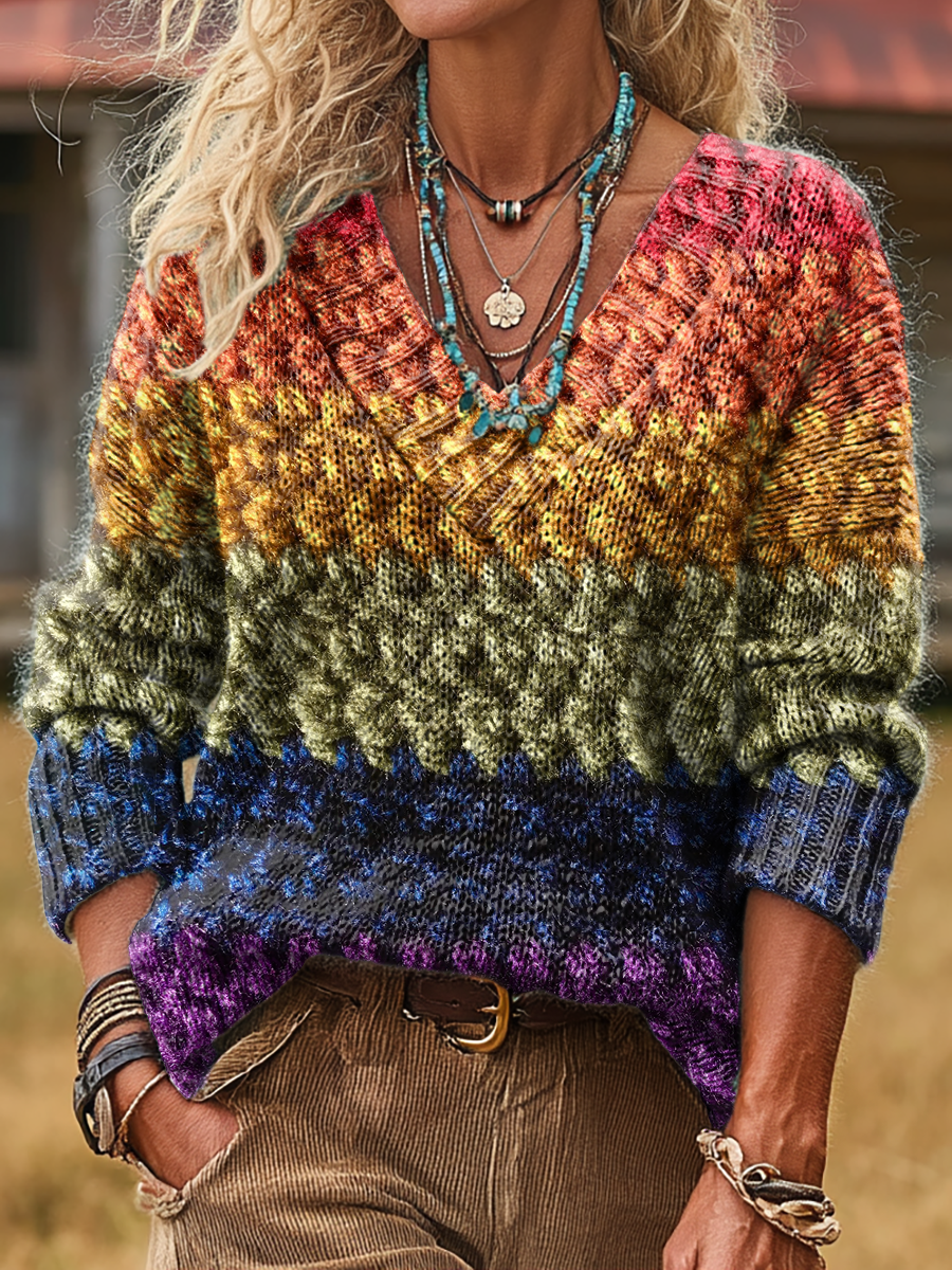 Unisex Colorful Striped Artistic Print Casual Long-sleeved V-neck Wool Blend Knitted Sweater